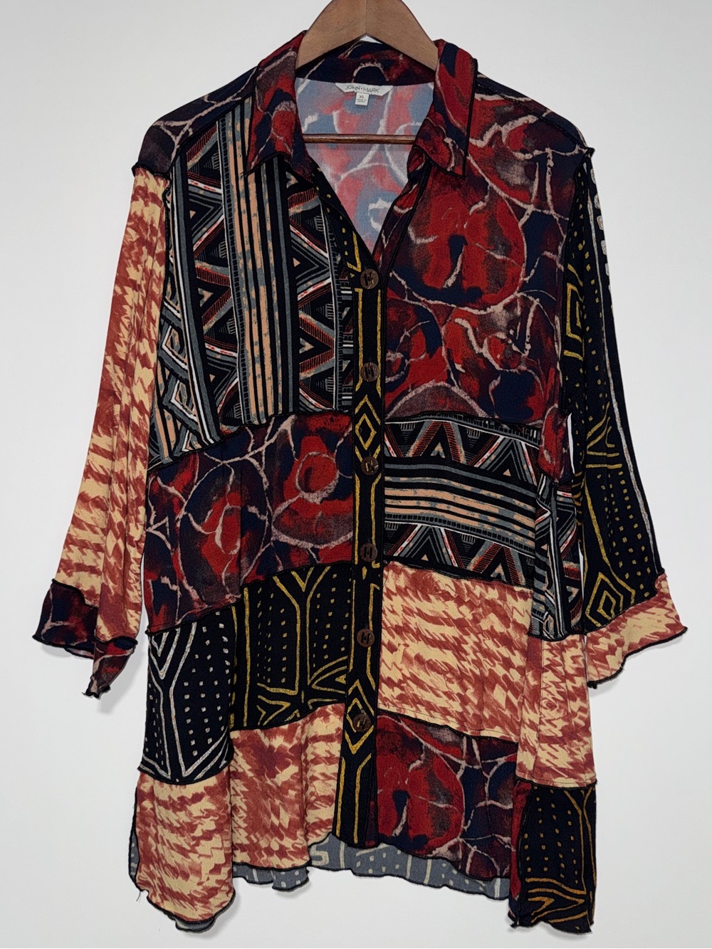 John Mark Womens XL Patchwork Boho Button Front Tunic Abstract Print 3/4 sleeve